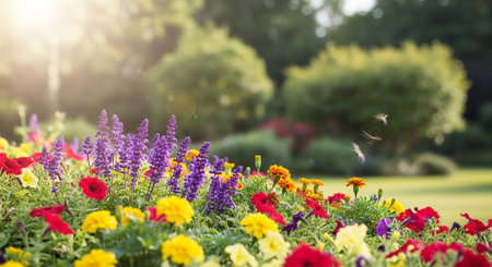Vibrant flower bed in a sunlit green garden space