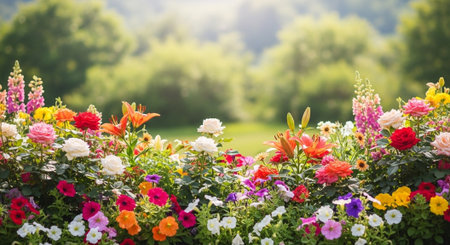 Lush garden bed with vibrant flowers and green backgroundの写真素材