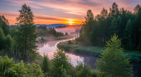 Tranquil river landscape with morning mist and sunrise glowの写真素材