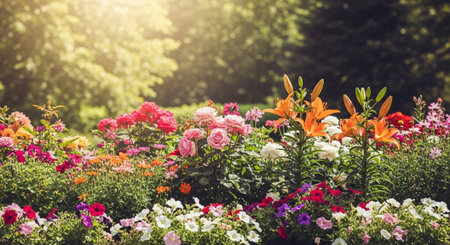 Vibrant flower bed featuring roses, lilies, and petunias