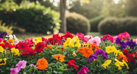 Colorful petunia flowerbed in a lush green garden settingの写真素材