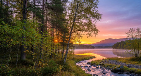 Autumnal sunrise over a calm forest lake landscapeの写真素材