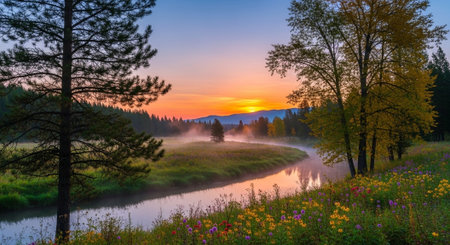 Scenic river flowing through meadow at sunrise with mistの写真素材
