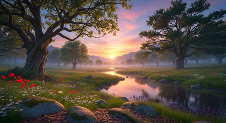 Idyllic landscape with river, flowers, and sunset skyの写真素材