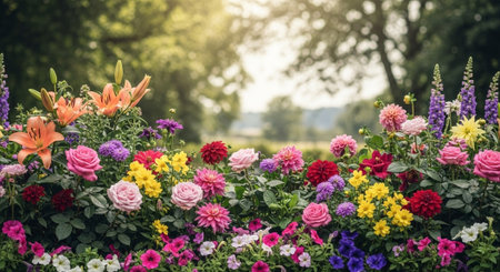 Vibrant flowerbed displaying colorful blooms in soft sunlight backdropの写真素材