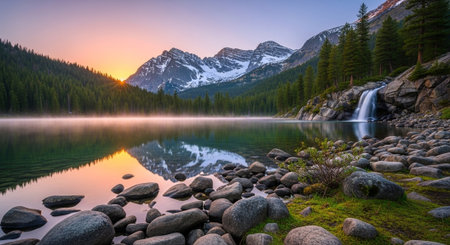 Mountain lake reflecting sunrise, waterfall, forest, and rocksの写真素材