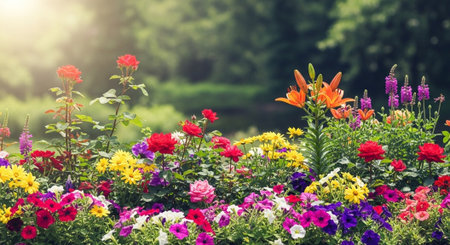 Vibrant flowerbed with assorted blooms in a garden settingの写真素材