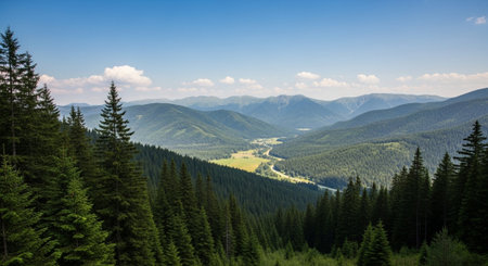 Scenic mountain range with evergreen trees and bright blue skyの写真素材