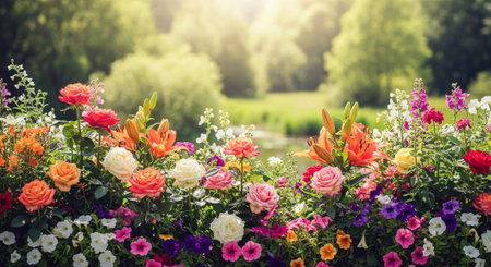 Colorful flowerbed with roses and lilies on blurred backgroundの写真素材