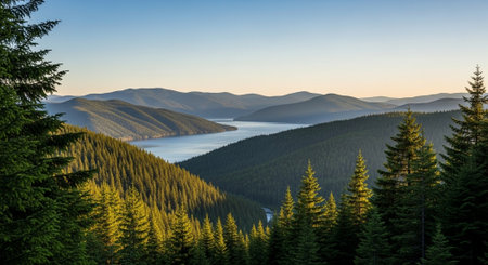 Scenic view of mountains and lake at dawn lightの写真素材