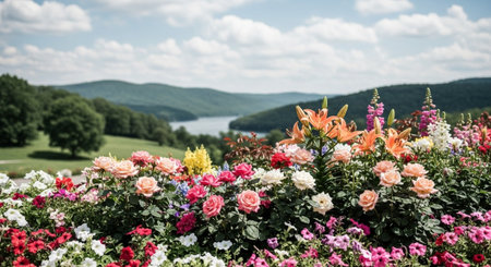 Vibrant flowerbed overlooking scenic valley on a sunny dayの写真素材