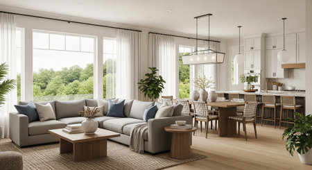 Bright airy open concept living and dining interior designの写真素材