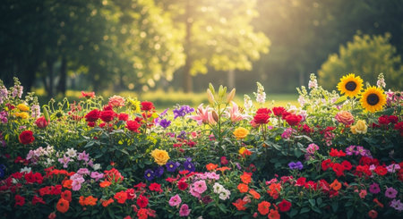 Vibrant flowerbed blooms under sunlit trees in summer gardenの写真素材
