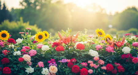Lush flowerbed with sunflowers, roses and lilies in sunlightの写真素材