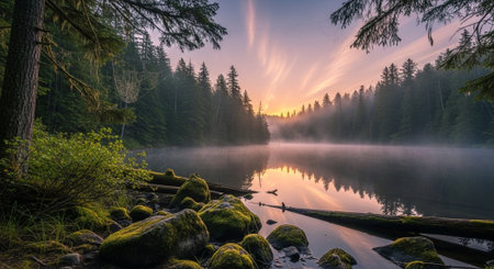 Tranquil forest lake at sunrise reflecting sky and treesの写真素材