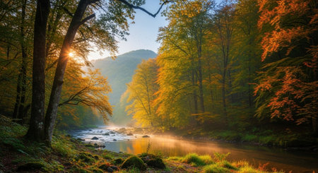 Sunlit river flowing through autumn forest landscape sceneryの写真素材