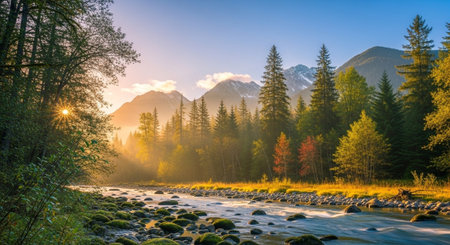 Serene mountain river flowing through a vibrant autumn forestの写真素材