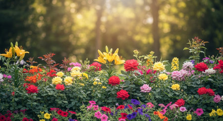 Vibrant array of blooming flowers in a lush garden settingの写真素材