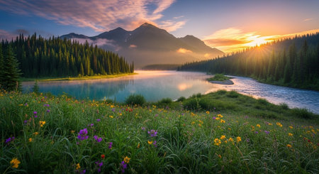 Majestic mountain lake landscape with wildflowers and vibrant sunriseの写真素材