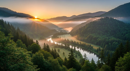 Majestic sunrise over river valley surrounded by forested mountainsの写真素材