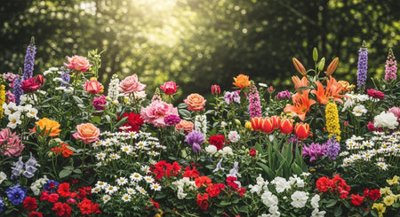 Vibrant flowers in garden against softly focused green backgroundの写真素材