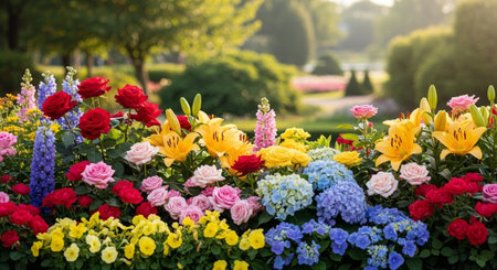 Vibrant floral garden display featuring colorful roses and liliesの写真素材