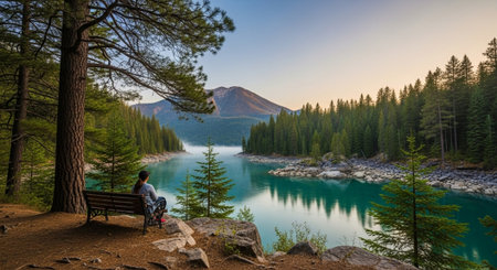 Woman on bench overlooking turquoise lake in forest landscapeの写真素材