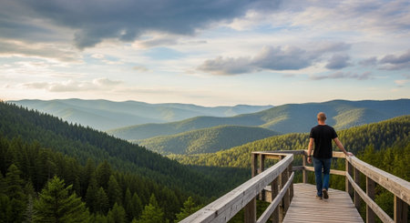 Man enjoys view of forested mountains from wooden platformの写真素材
