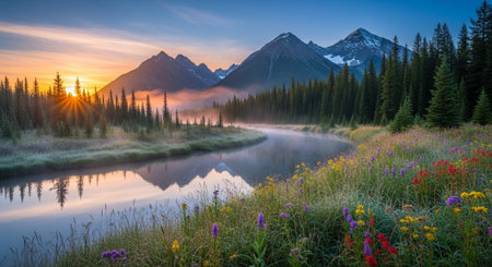 Scenic mountain river landscape with flowers at sunrise timeの写真素材