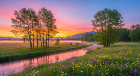 Picturesque landscape featuring a river, meadow, and vibrant sunsetの写真素材