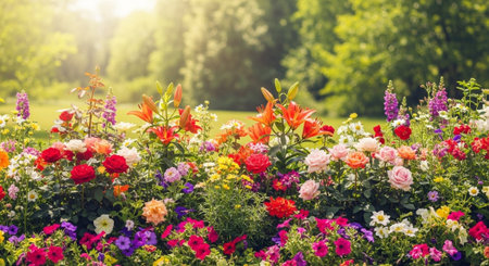 Vibrant flower garden with red roses and orange liliesの写真素材