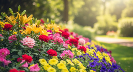Vibrant flowerbed in a garden with colorful bloomsの写真素材