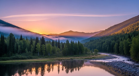 Mountain river at sunrise reflecting the colorful skyの写真素材
