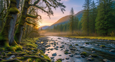 Scenic river flowing through a lush green forest at dawn