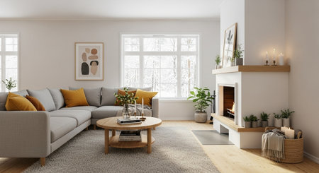 Cozy living room with fireplace during the winter season