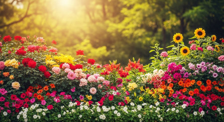 Vibrant summer garden with diverse floral arrangement and sunshineの写真素材