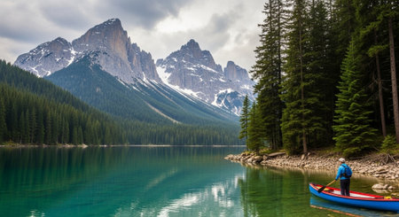 Scenic Mountain Lake with Canoe and Forest Reflectionの写真素材
