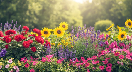 Vibrant flower garden with roses sunflowers and lavenderの写真素材
