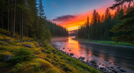 Serene river flows through a forest at colorful sunsetの写真素材