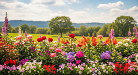 Lush Flowerbed Overflowing with Vibrant Colors on a Sunny Day