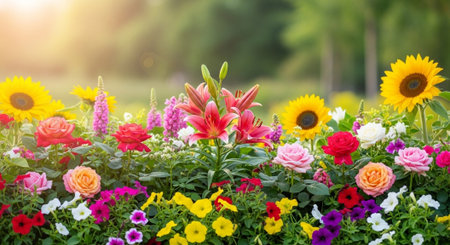 Colorful flowerbed showcasing various blooms on a sunny dayの写真素材