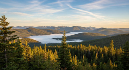 Panoramic view of mountain range with evergreen trees and fogの写真素材