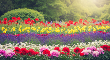 Scenic floral field of vibrant spring wildflowers landscape viewの写真素材