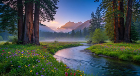 Scenic mountain landscape with river, forest and wildflowersの写真素材