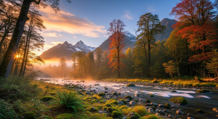 Autumn mountain river scene with vibrant colors at sunriseの写真素材