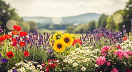 Lush flower bed in full bloom against mountain backdropの写真素材