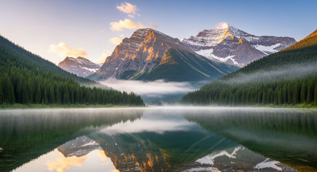 Mountain lake with reflection and fog in the morningの写真素材