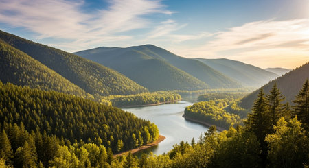Scenic river valley surrounded by forested mountains during daytimeの写真素材