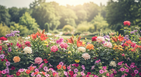 Blooming flowerbed in a sunlit summer garden sceneの写真素材