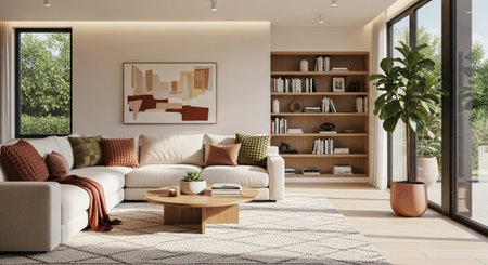 Modern living room interior with sofa and indoor plantsの写真素材